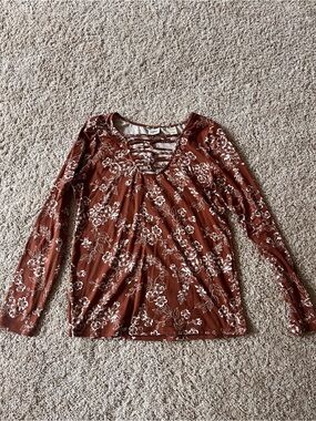 Daytrip Rust Brown Floral Lattice-Front Long Sleeve Top